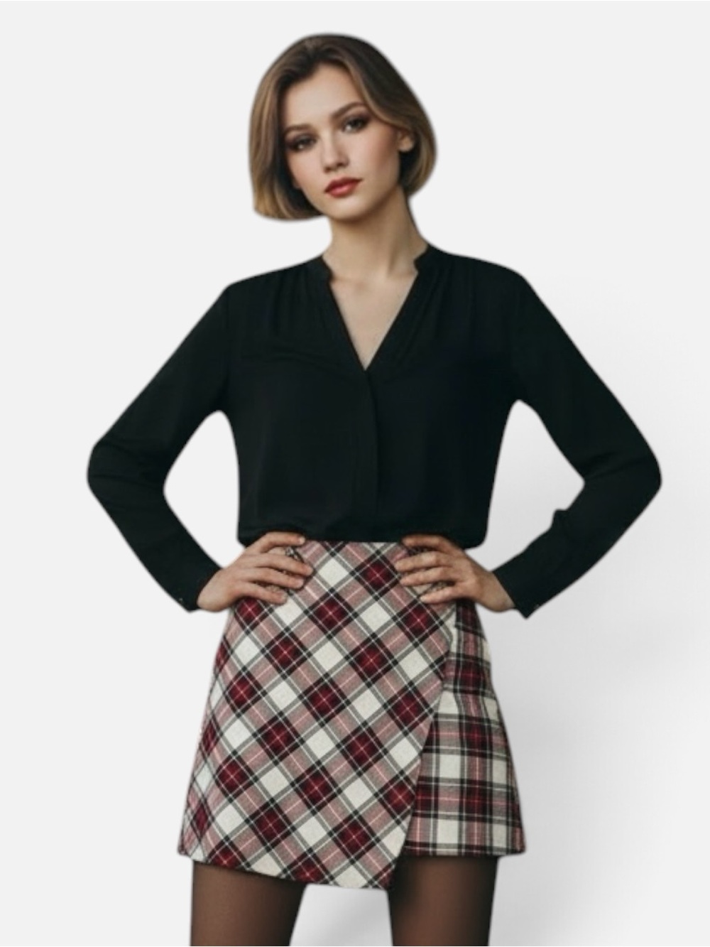 Women’s Red White Black Plaid Wrap Style A-Line Mini Skirt Lined Zip R $49